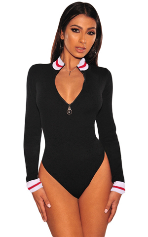 BY32308-2 BLACK WHITE RED STRIPED RIBBED KNIT MOCK NECK ZIPPER BODYSUIT